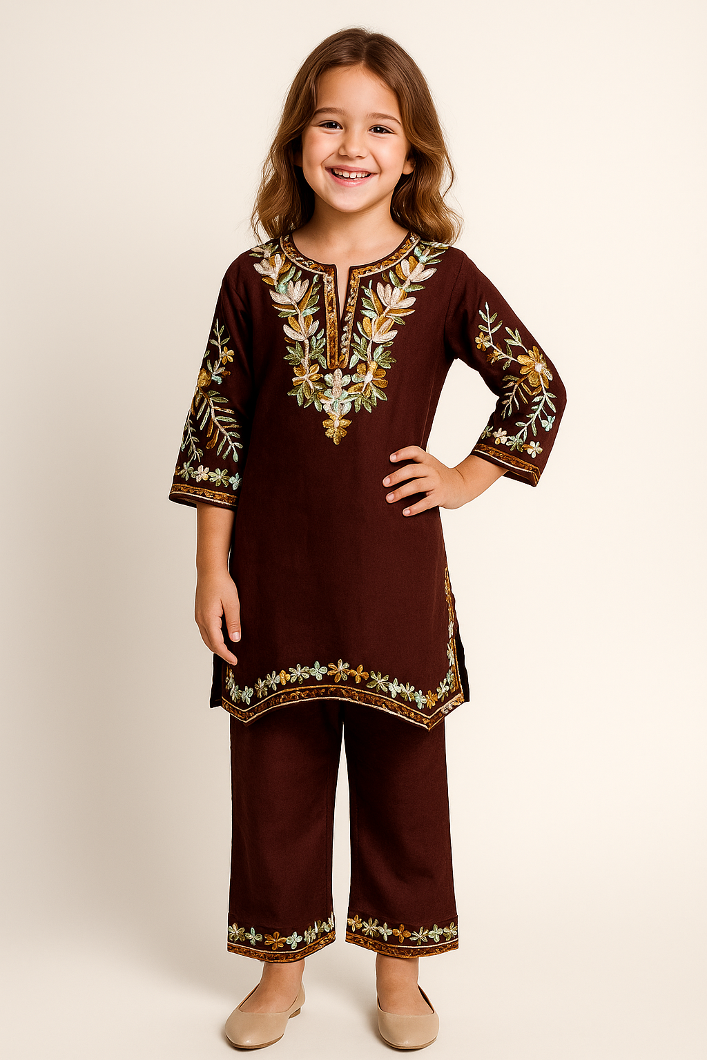 Cotton Embroidery Kurti Set 1181 Brown