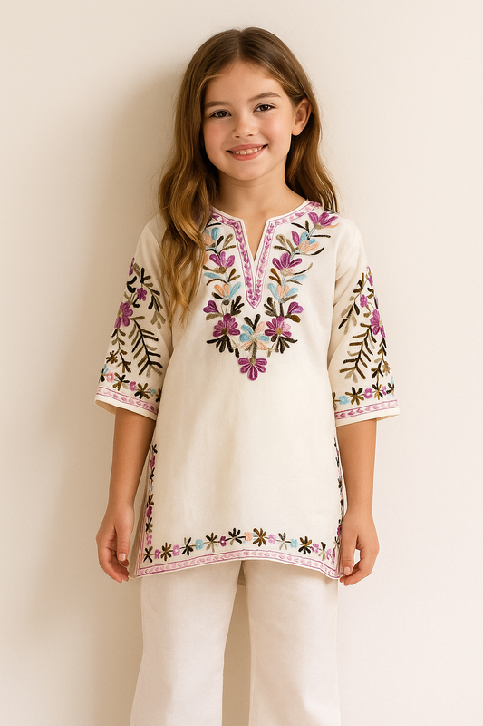 Cotton Embroidery Kurti Set 1182 Cream