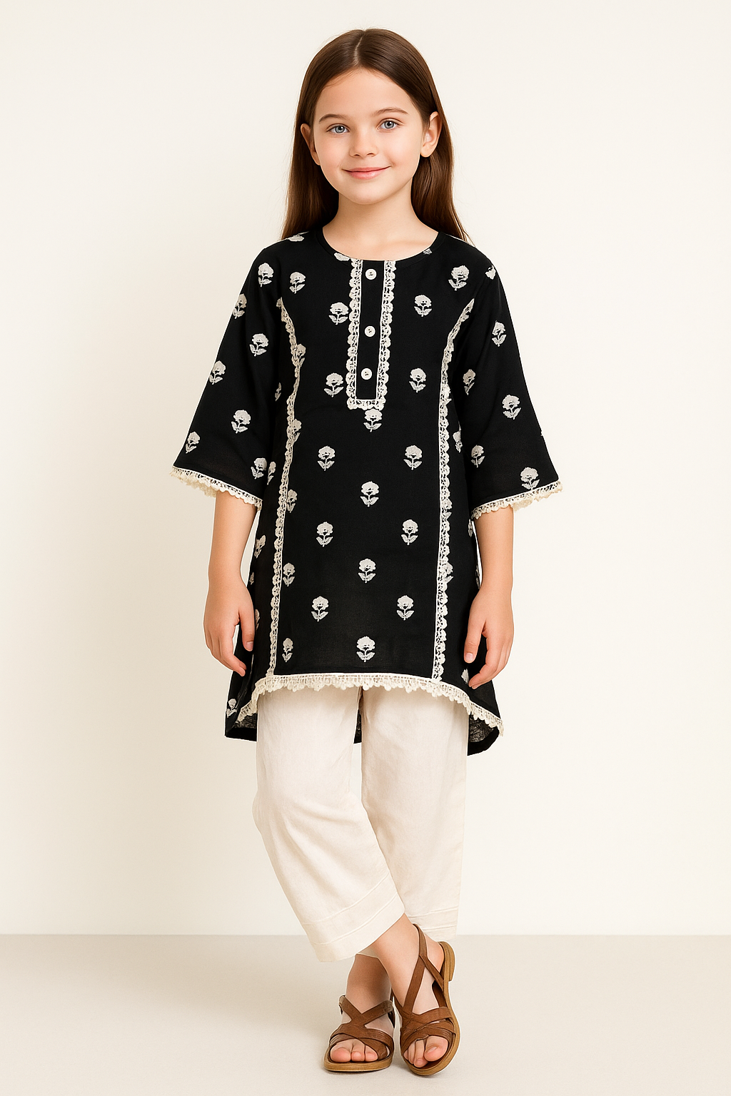 Cotton Printed Frock Pant Set 1188 Black