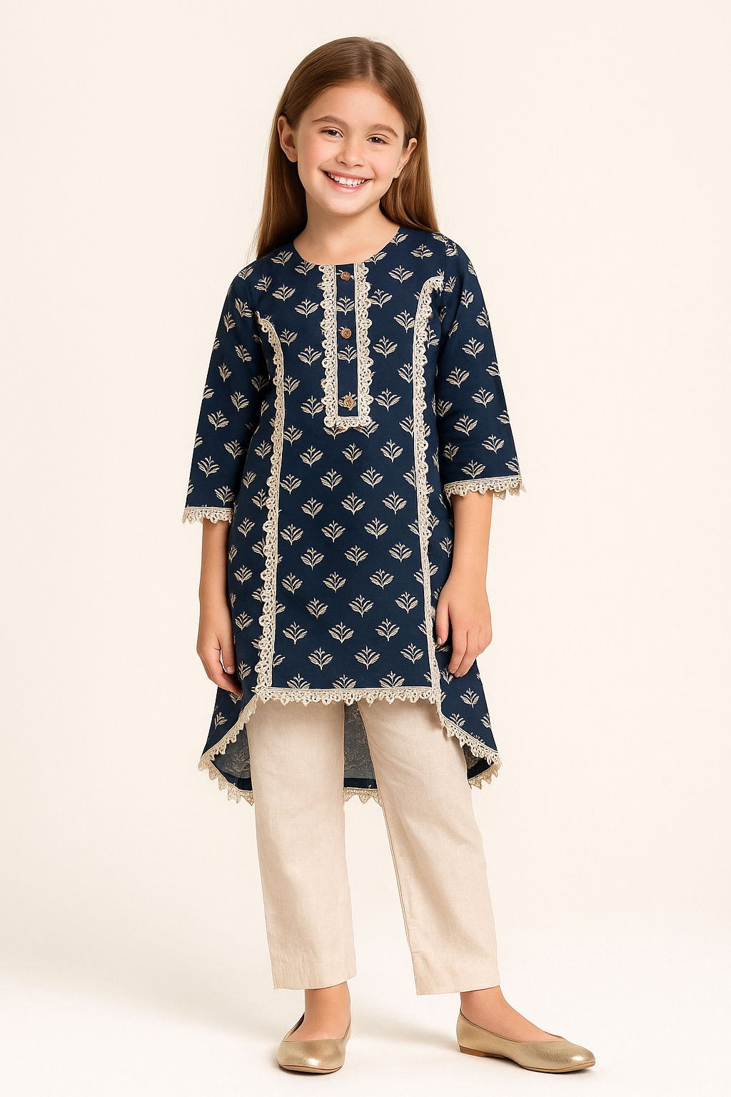 Cotton Printed Frock Pant Set 1189 Navy Blue