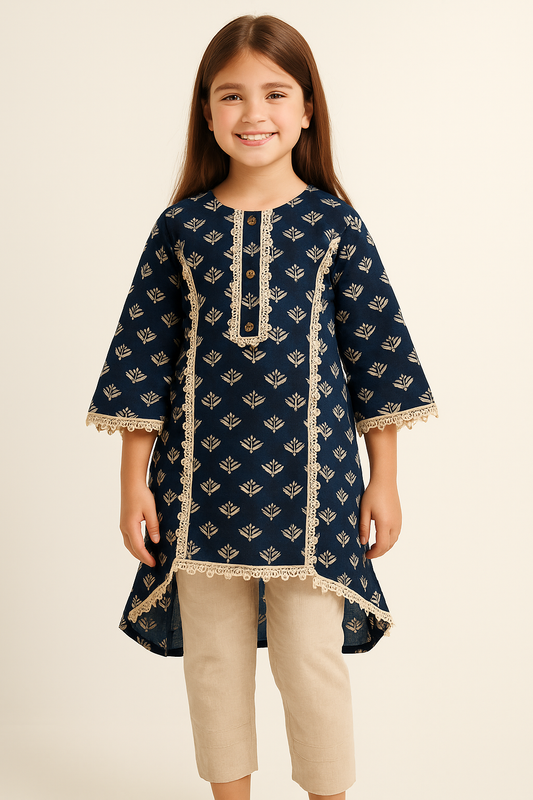 Cotton Printed Frock Pant Set 1189 Navy Blue