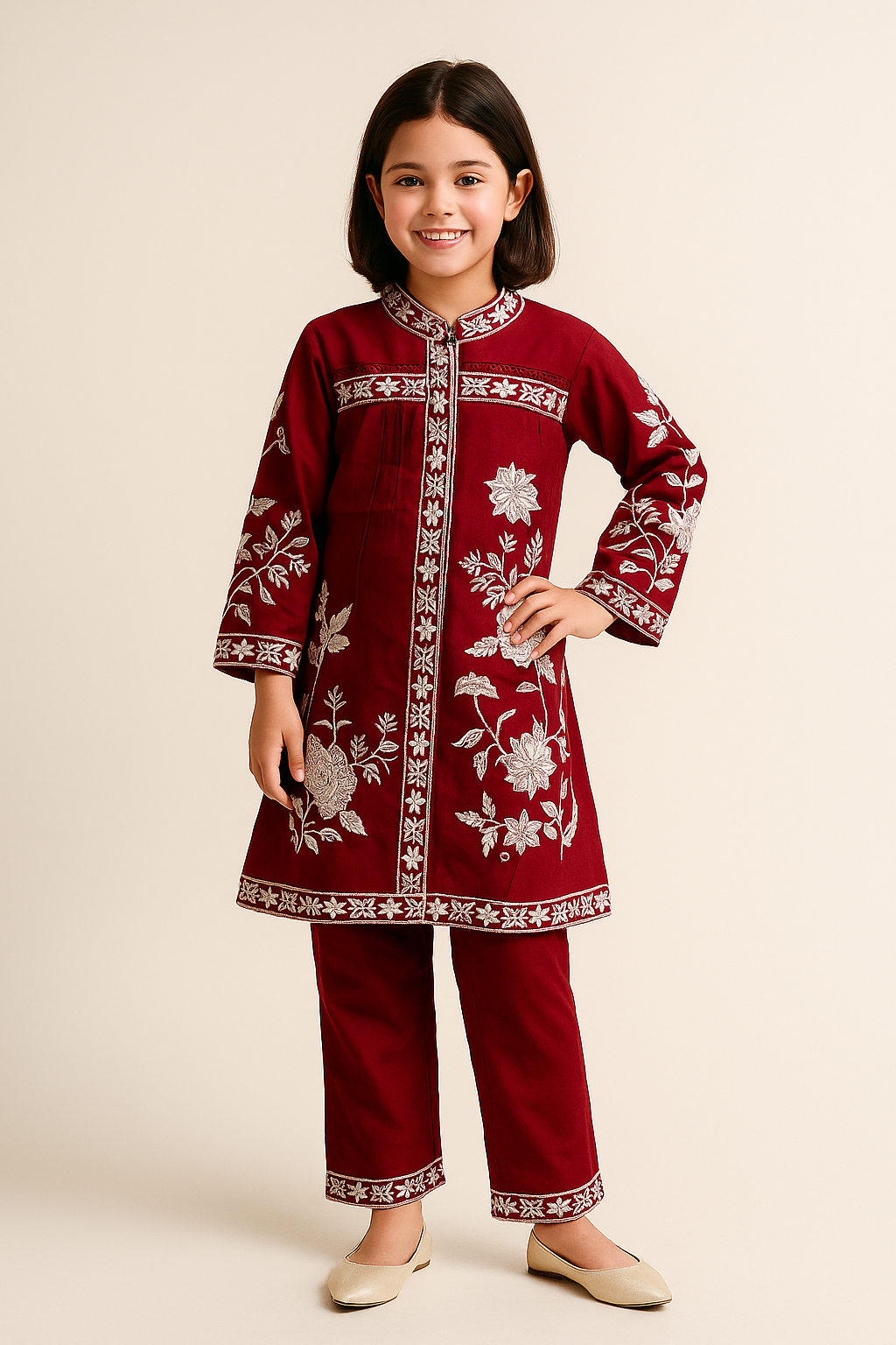 Cotton  Embroidered Kurti Pant Set 1195 Maroon