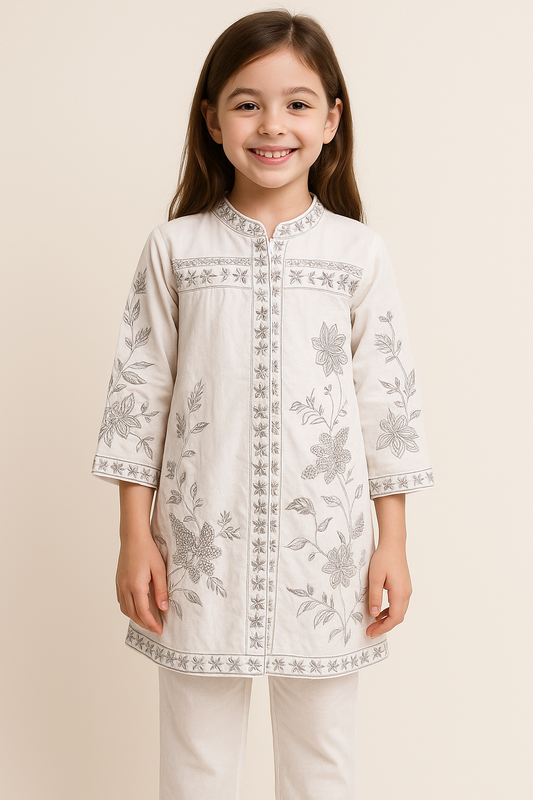 Cotton  Embroidered Kurti Pant Set 1196 White