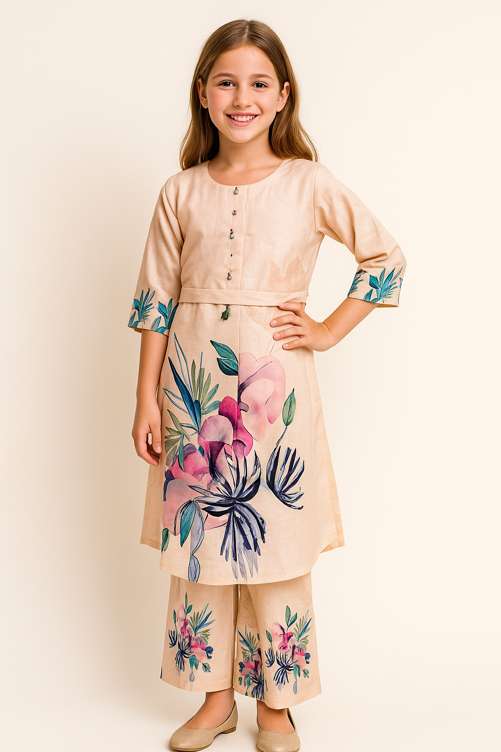 Cotton Printed Kurti Set 1198 Cream