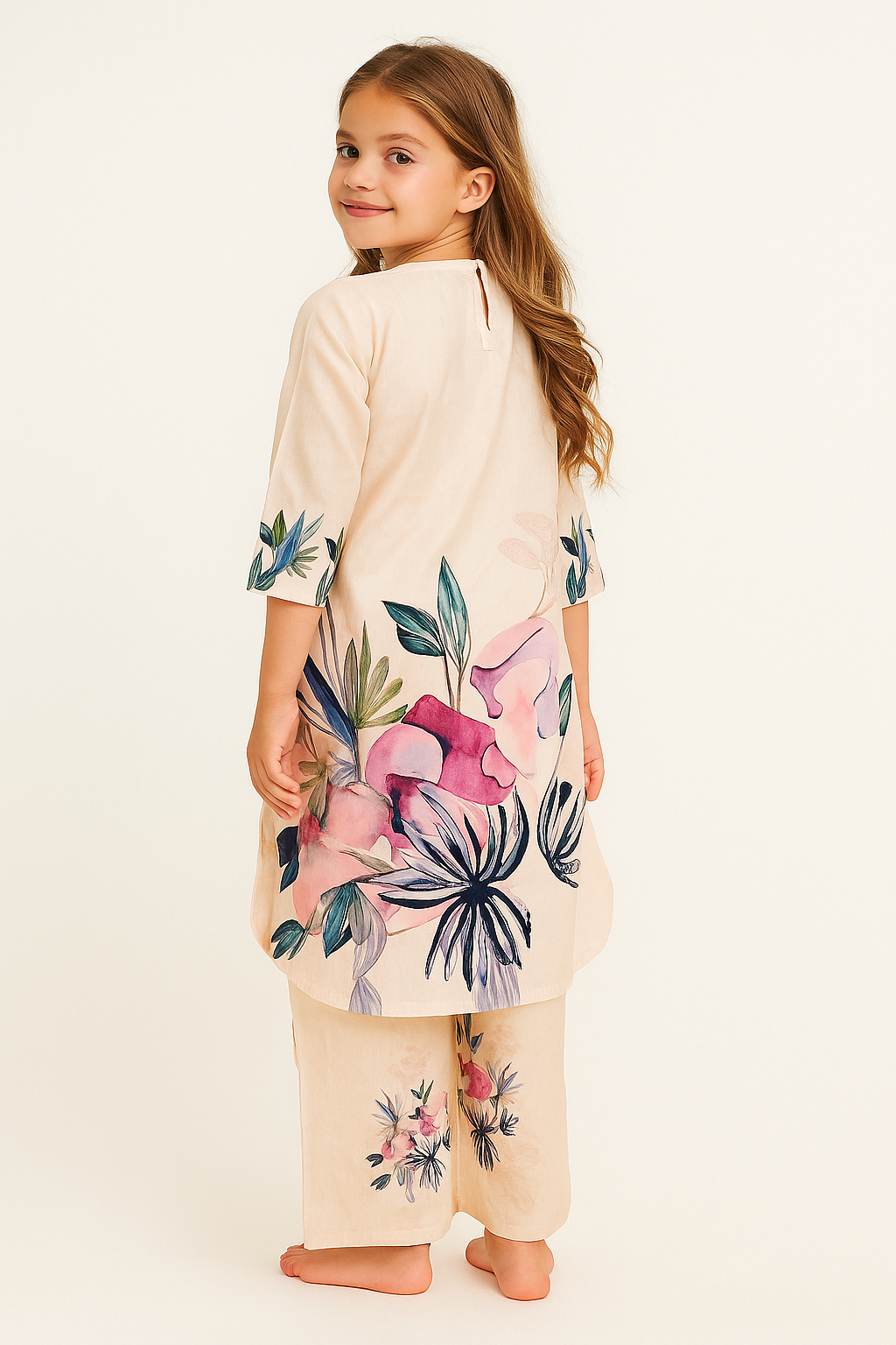 Cotton Printed Kurti Set 1198 Cream