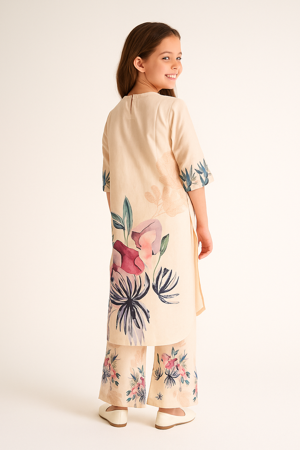 Cotton Printed Kurti Set 1198 Cream