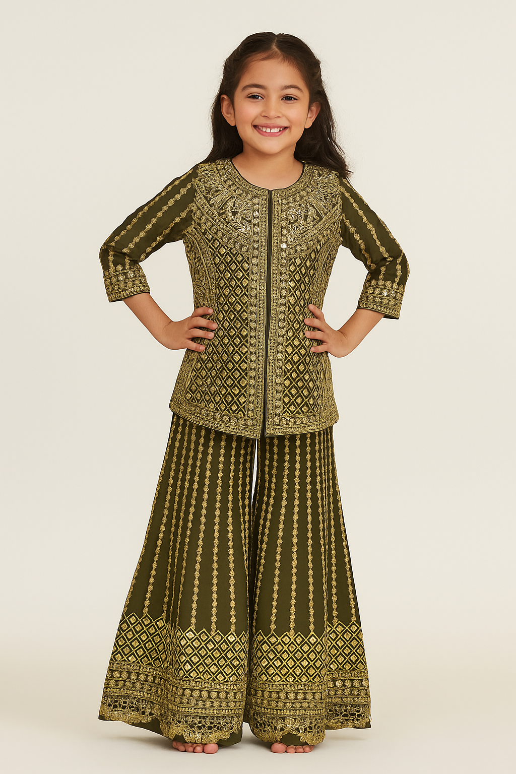 Georgette Sequence Work Plazo Set 4595 Bottle Green
