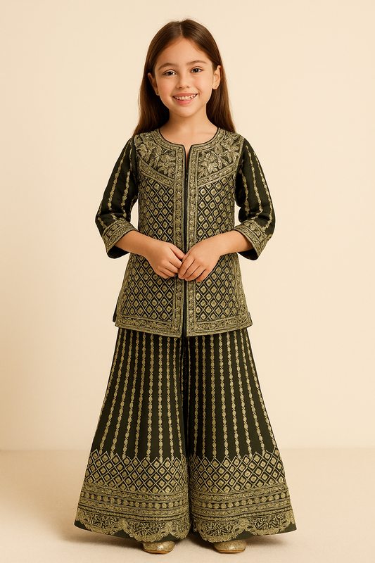Georgette Sequence Work Plazo Set 4595 Bottle Green