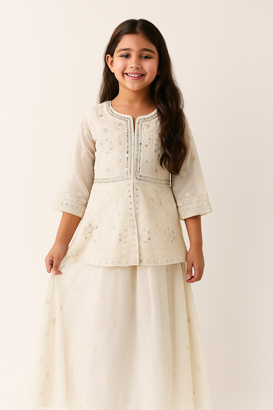 Georgette Thread Work Plazo set 4639 White