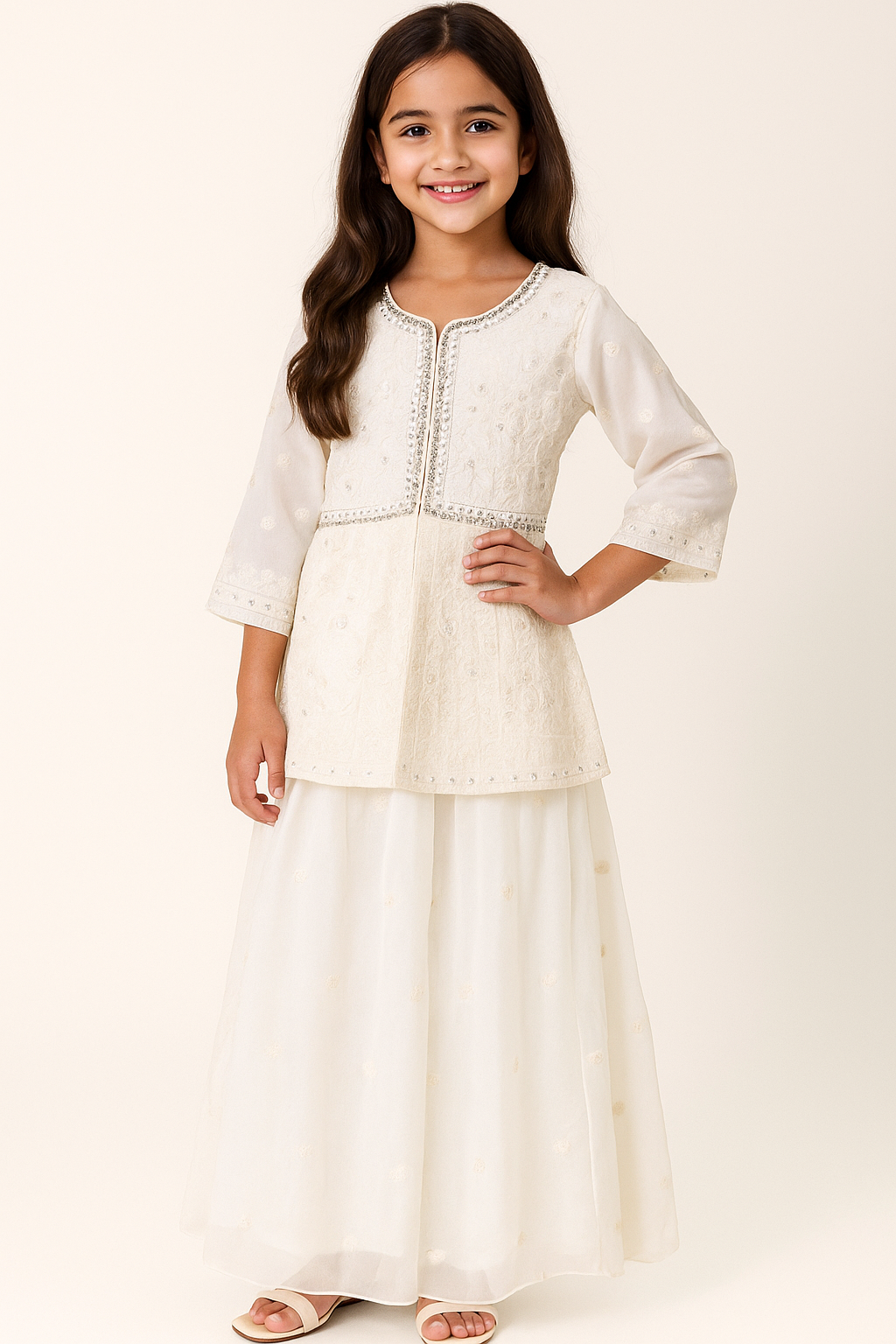 Georgette Thread Work Plazo set 4639 White