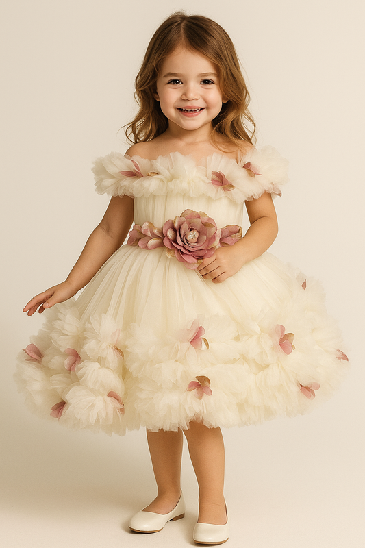Net Patch Work Frock 2506 White & Pink