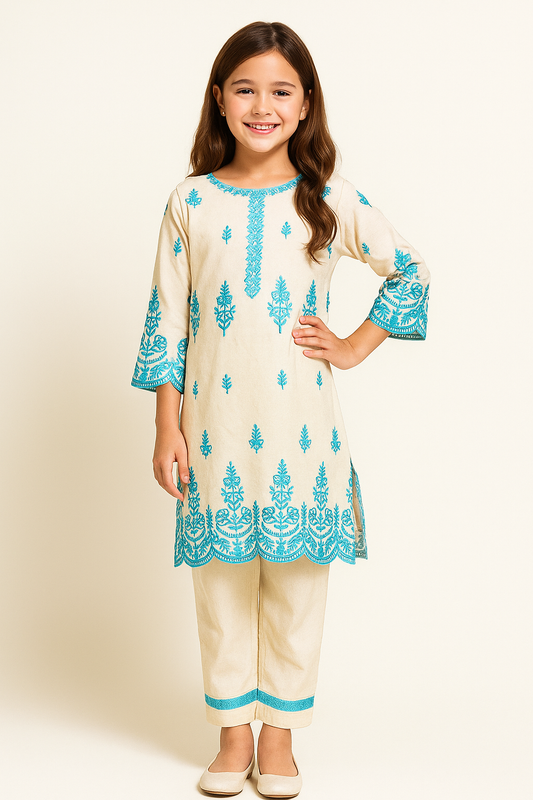 Cotton Embroidery Kurti Set 1203 Cream