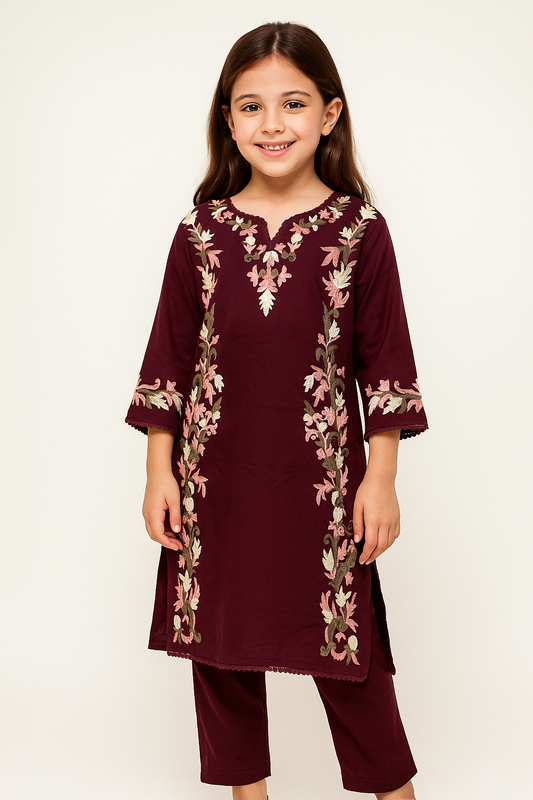 Cotton Embroidery Kurti Set 1210 Maroon
