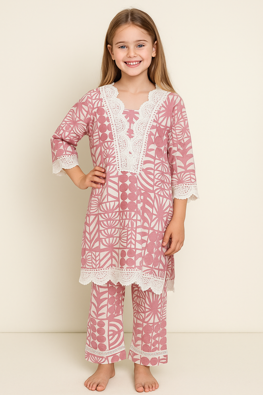 Cotton Printed Lace Work Kurti Set 1213 Pink