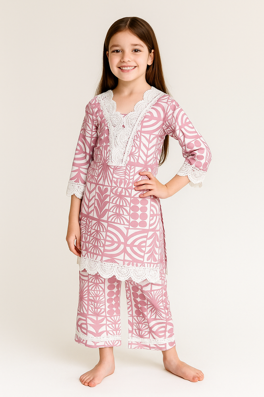 Cotton Printed Lace Work Kurti Set 1213 Pink