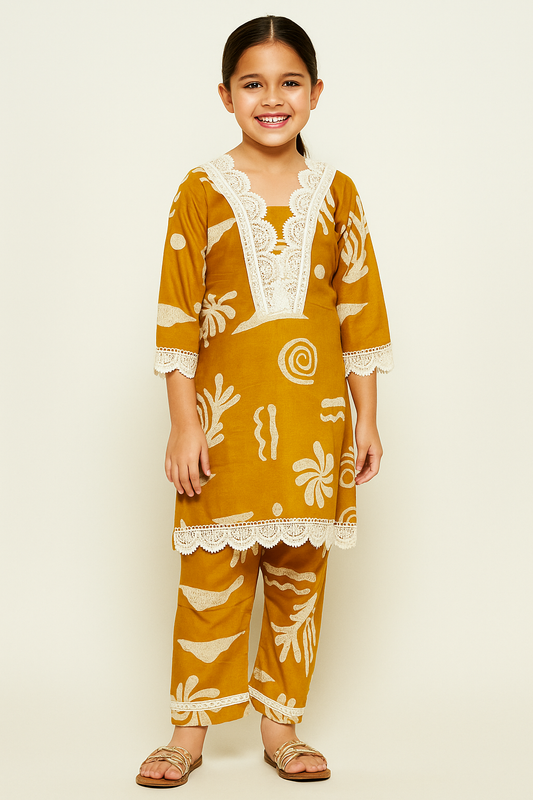 Cotton Printed Lace Work Kurti Set 1214 Mustard