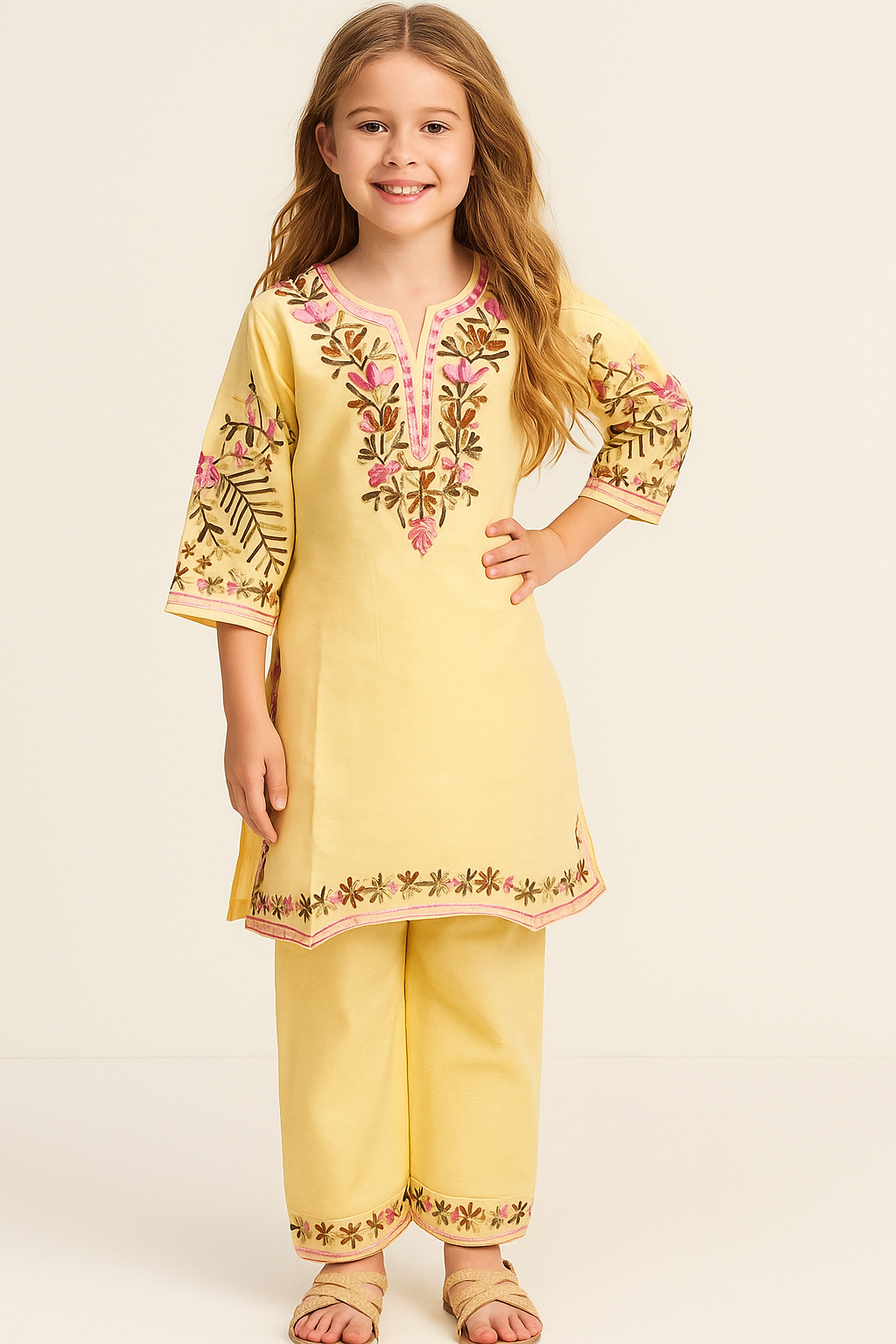 Cotton Embroidery Kurti Set 1215 Yellow