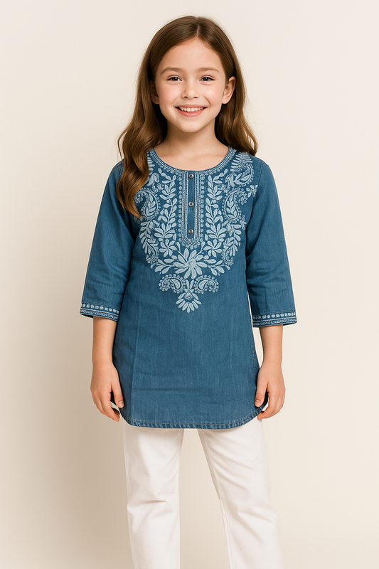 Cotton Embroidery Denim Tunic Set 1218 Light Blue