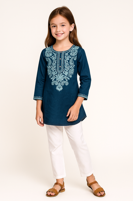 Cotton Embroidery Denim Tunic Set 1219 Dark Blue