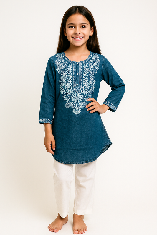 Cotton Embroidery Denim Tunic Set 1219 Dark Blue