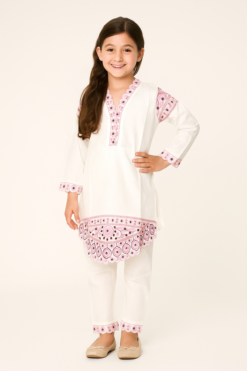 Cotton Embroidery Frock Set 1221 White