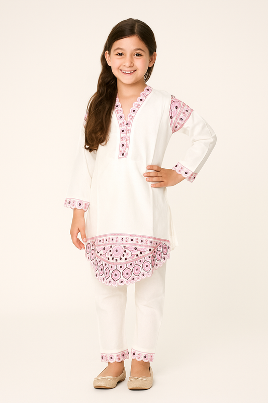 Cotton Embroidery Frock Set 1221 White