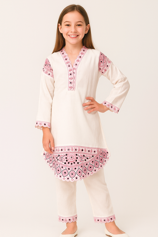 Cotton Embroidery Frock Set 1221 White