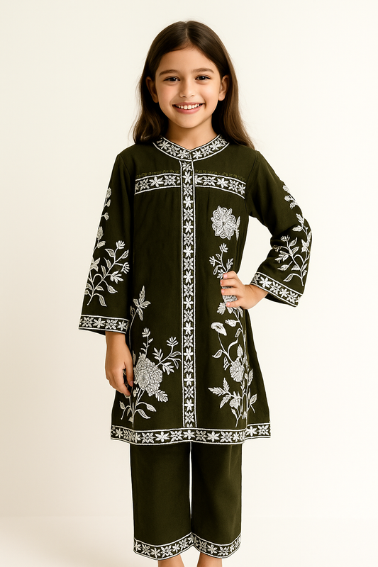 Cotton  Embroidered Kurti Pant Set 1217 Bottle green