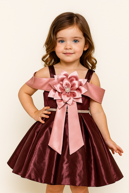 Satin Party Frock with Statement Bow 1003 Wine