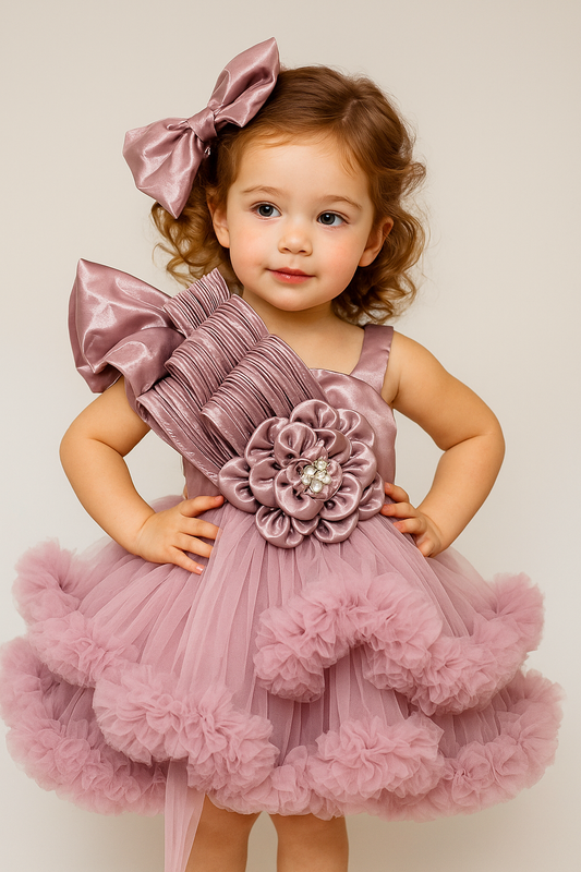 Satin Ruffled Party Frock with Floral Brooch 1005 Pink