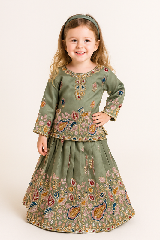 Georgette Bids Work Kurti Lehenga Set 4510 Green