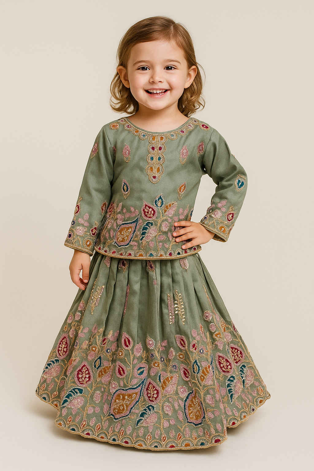 Georgette Bids Work Kurti Lehenga Set 4510 Green