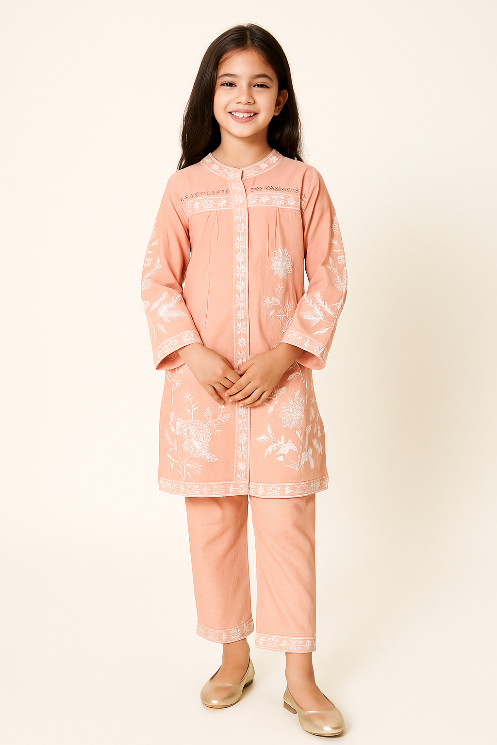 Cotton  Embroidered Kurti Pant Set 1223 Peach