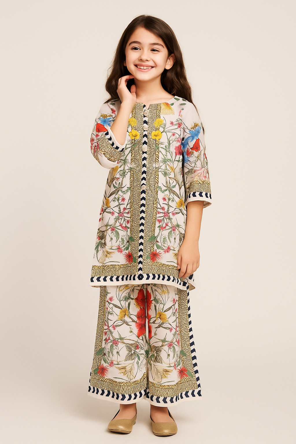 Printed Turkish Fabric Plazo Cord Set 4722 White