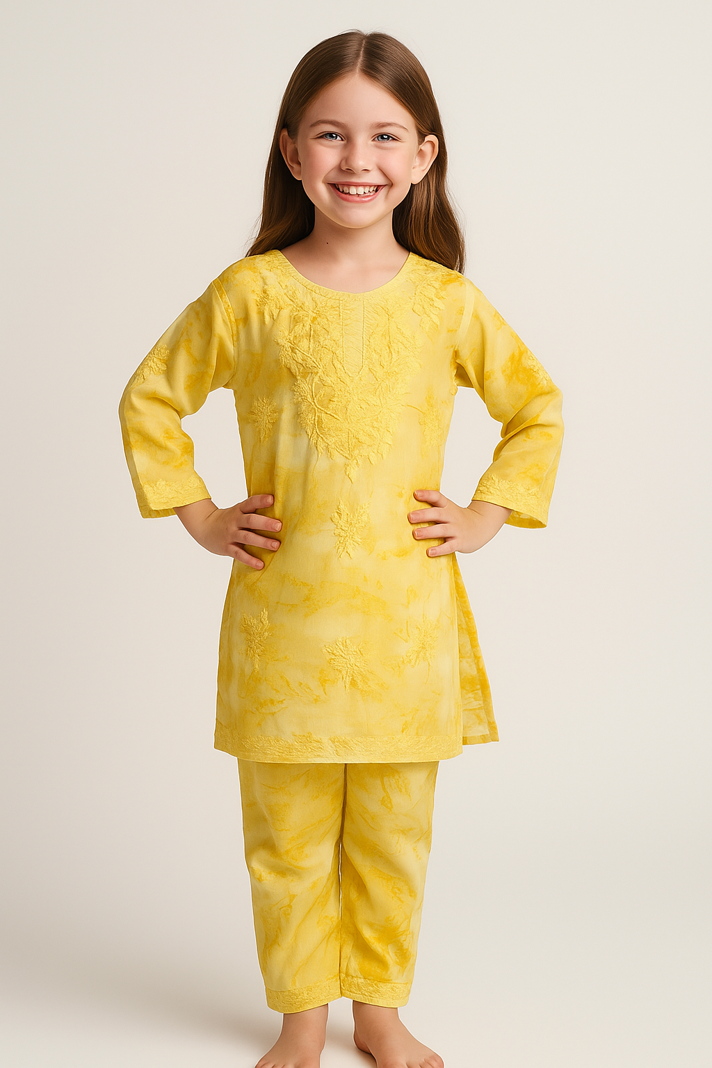 Cotton Tie dye Embroidery Work Kurti Set 1228 Yellow