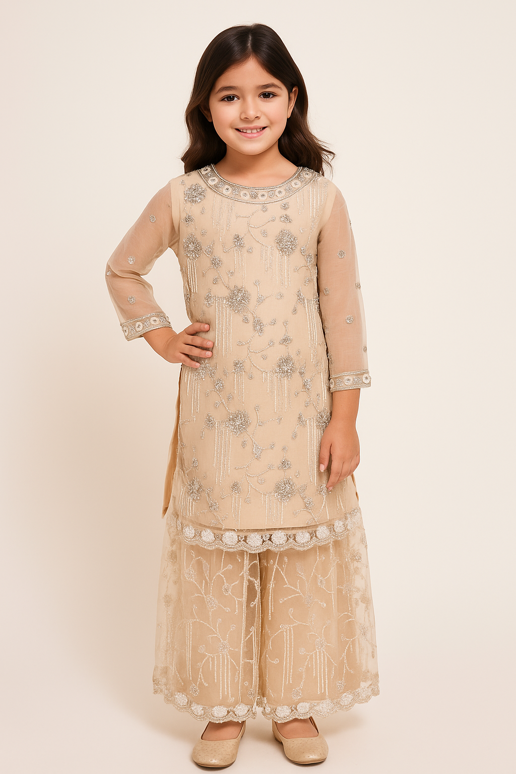 Net Bids Embroidery Work Plazo Set 4536 Beige