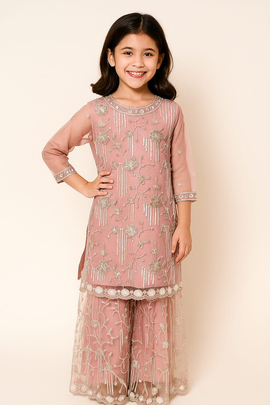 Net Bids Embroidery Work Plazo Set 4536 Pink