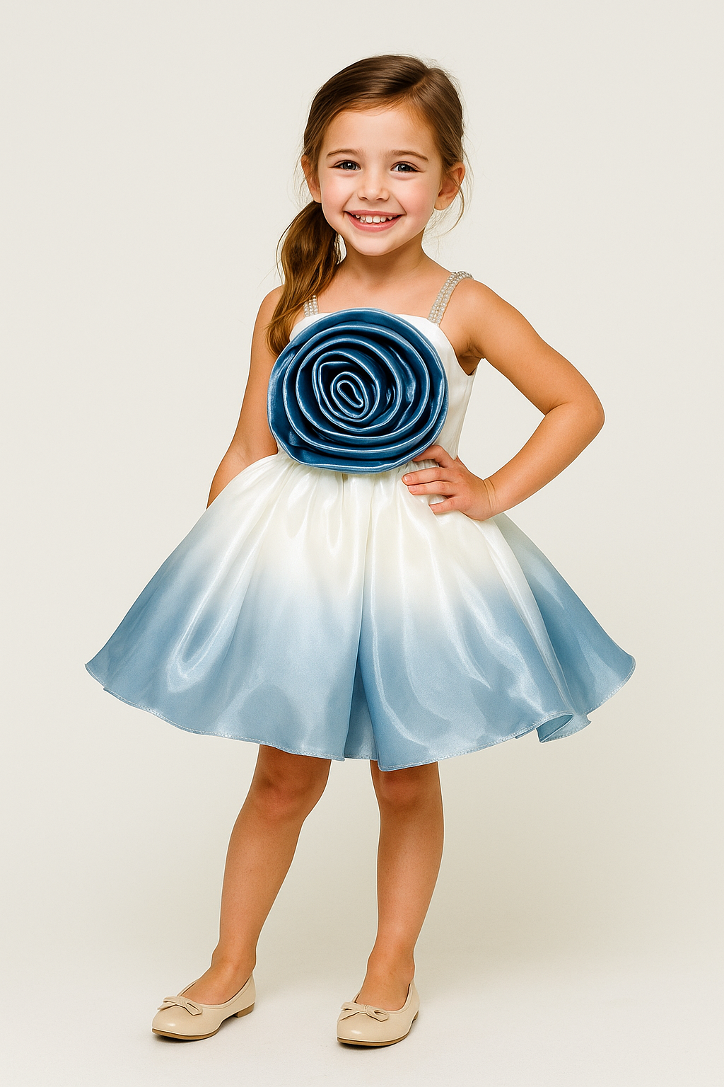 Blue & White Satin Rose Frock 2533