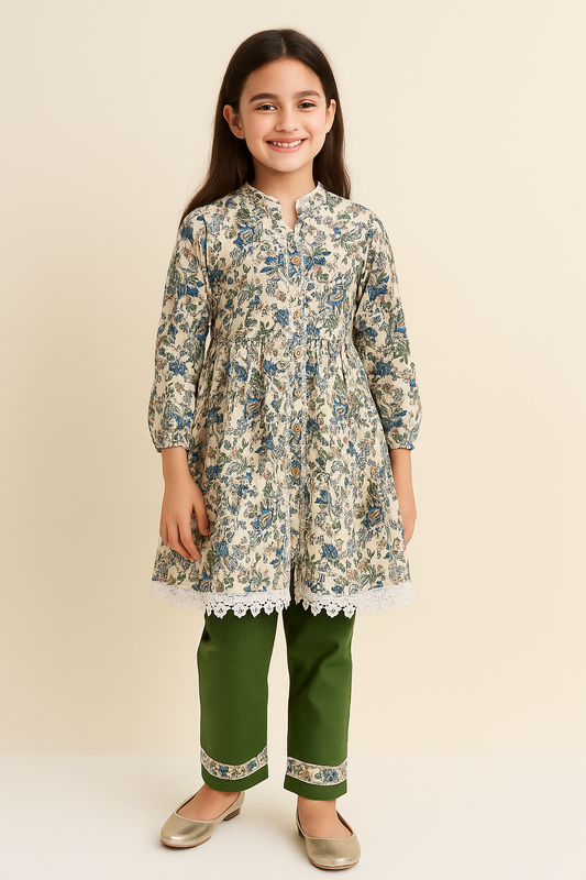 Cotton Printed Frock Pant Set 1232 Green