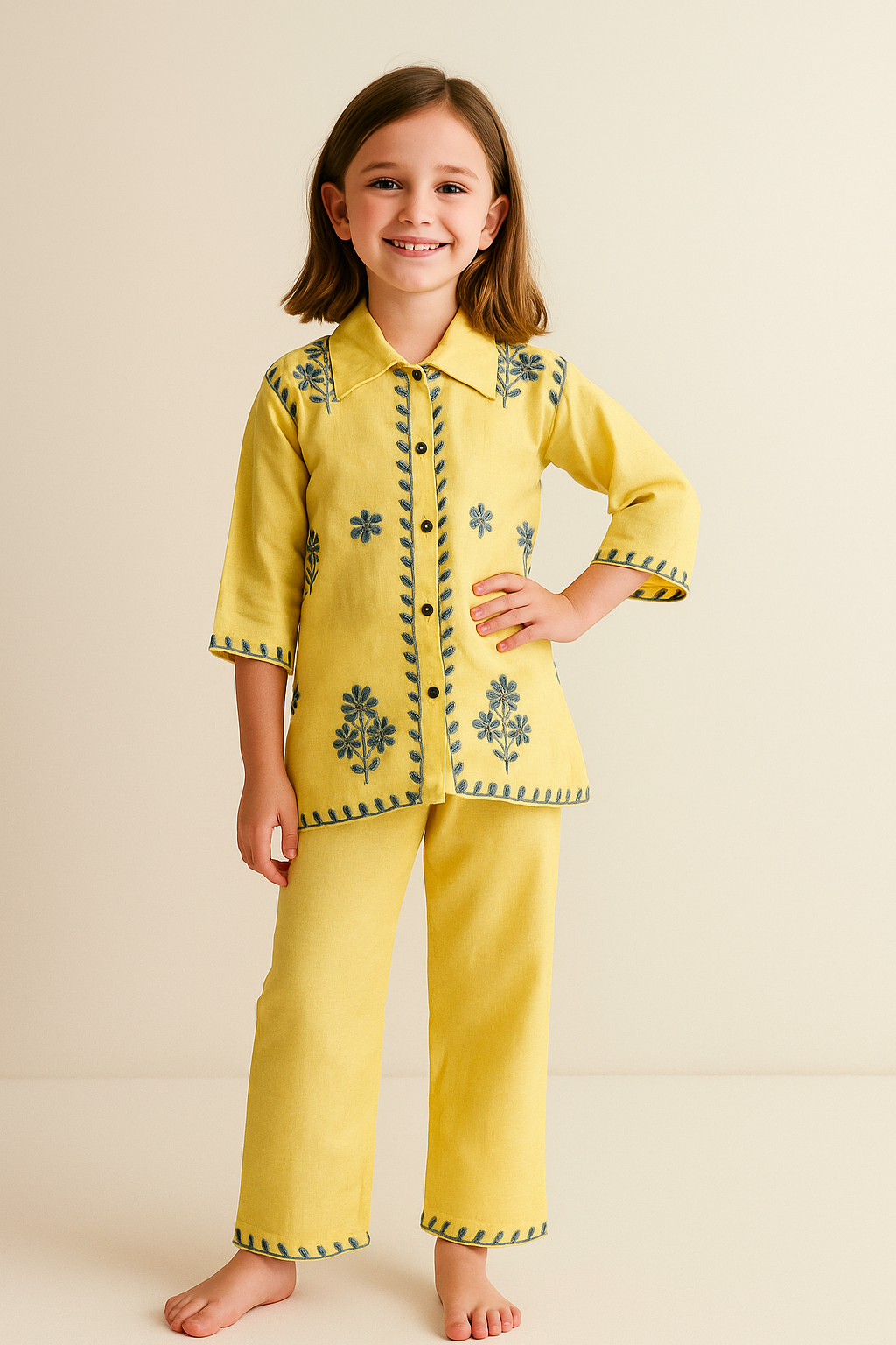 Cotton Embroidered Cord Set 1239 Yellow