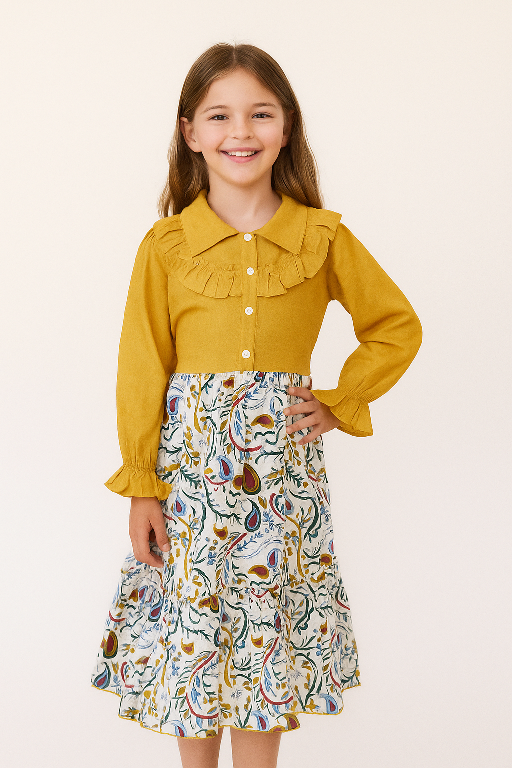 Cotton Printed Frock 1100 Yellow & White