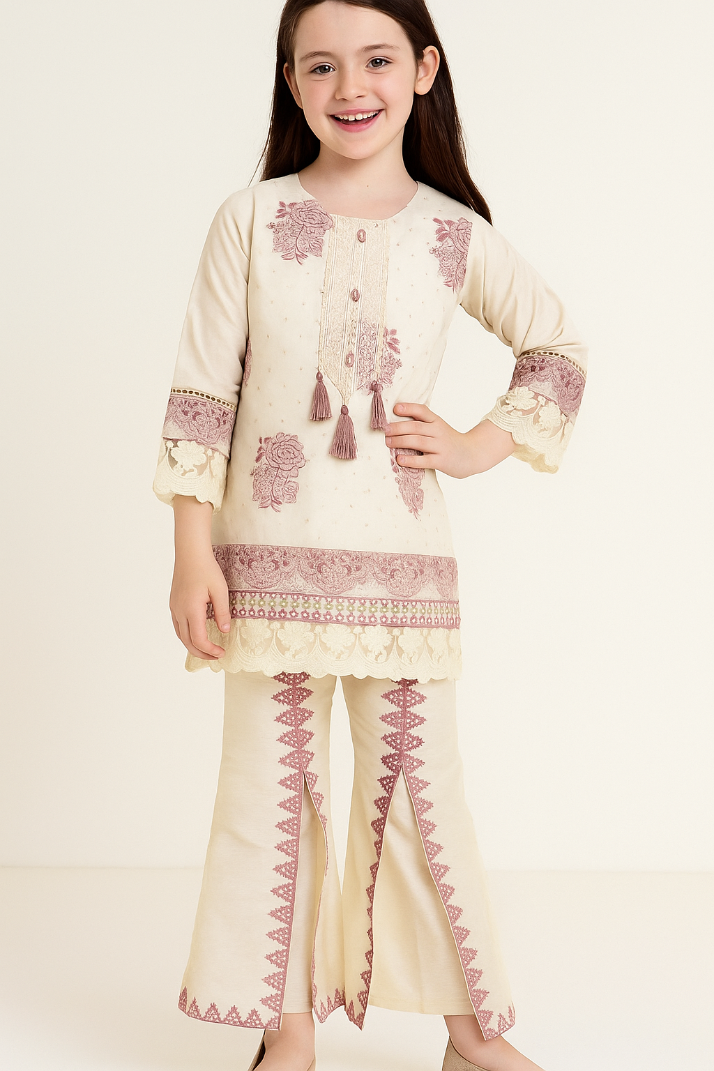 Cotton Embroidery Bell Bottom Set 5225 Cream