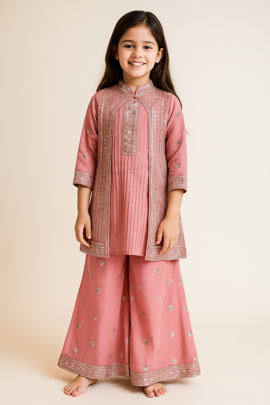 Georgette Bids Work Jacket Plazo Set 5279 Pink