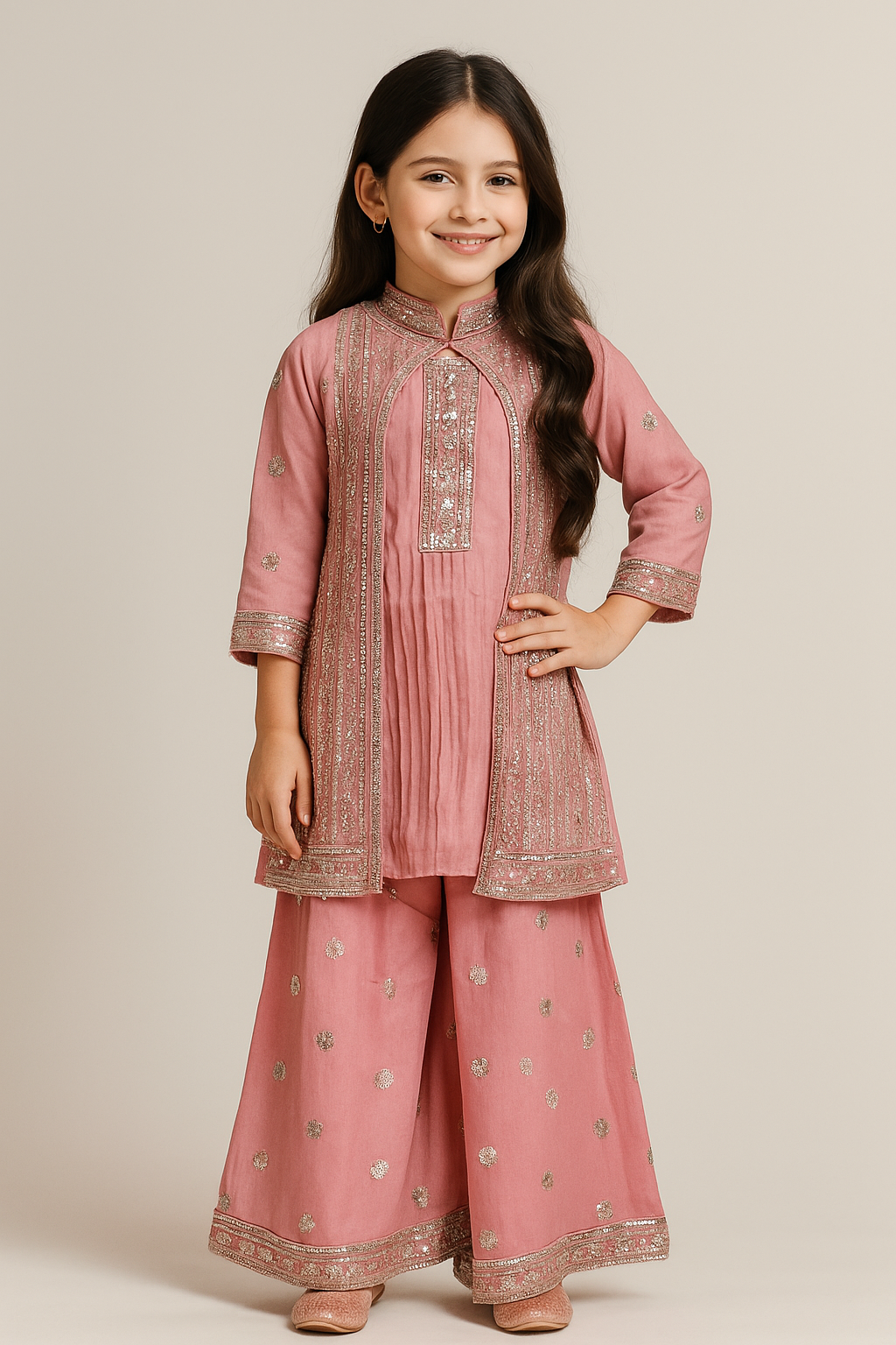 Georgette Bids Work Jacket Plazo Set 5279 Pink