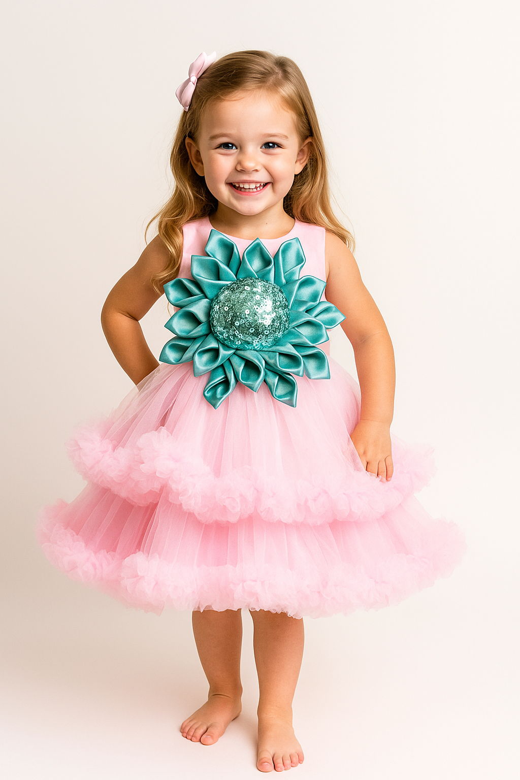 Net Flared Bow Frock 1007 Pink