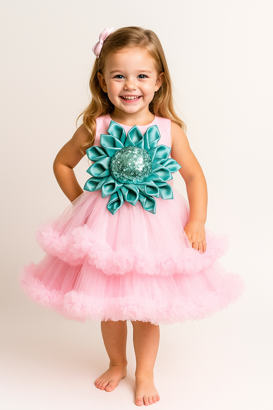 Net Flared Bow Frock 1007 Pink