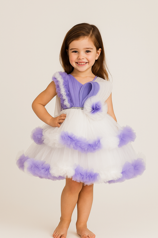 Net Flared Bow Frock 1013 White & Purple