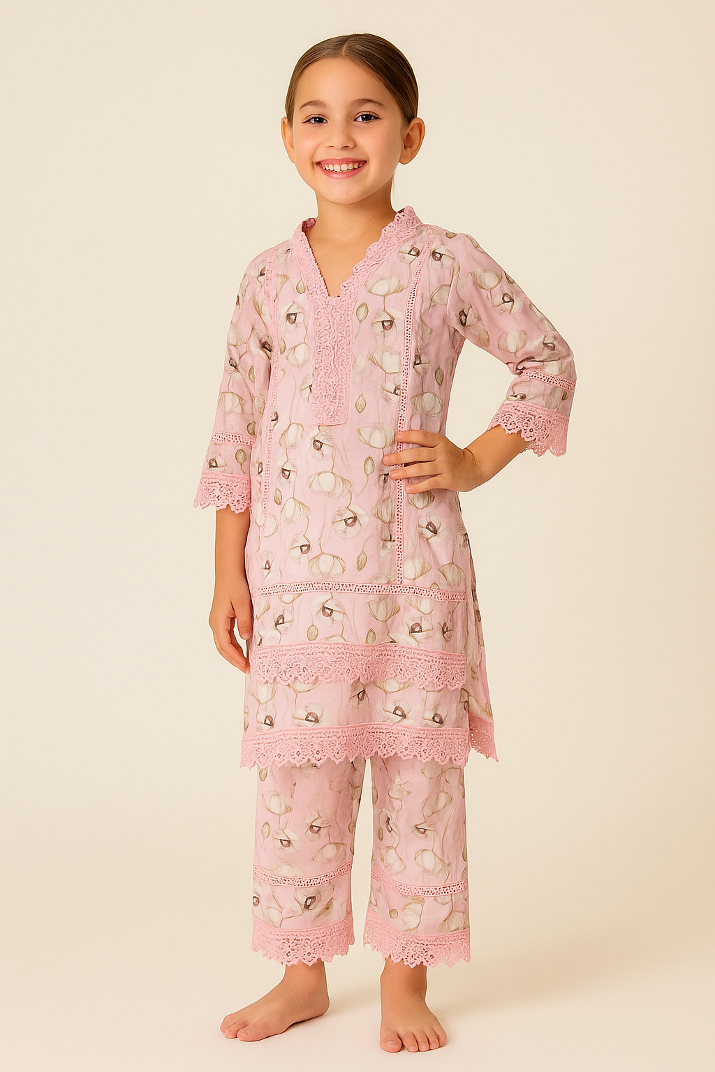 Cotton Printed Lace work Kurti Set 1244 Pink