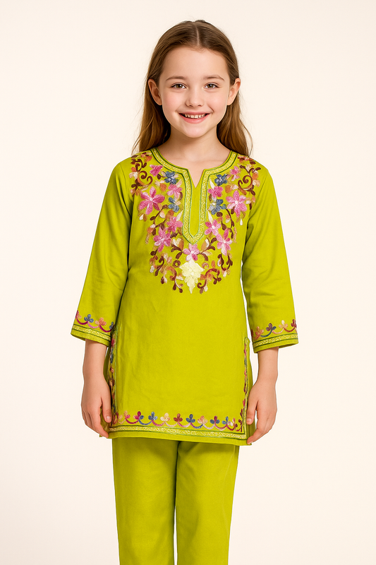 Cotton Embroidery Kurti Set 1246 Green