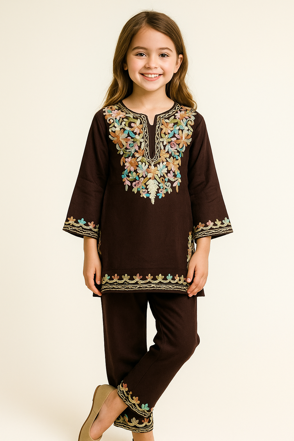 Cotton Embroidery Kurti Set 1247 Brown